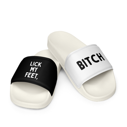 Pair of extraordinary fetish slides with "Lick My Feet, Bitch"- let everyone know what you crave. Only at www.letgogetlaid.com