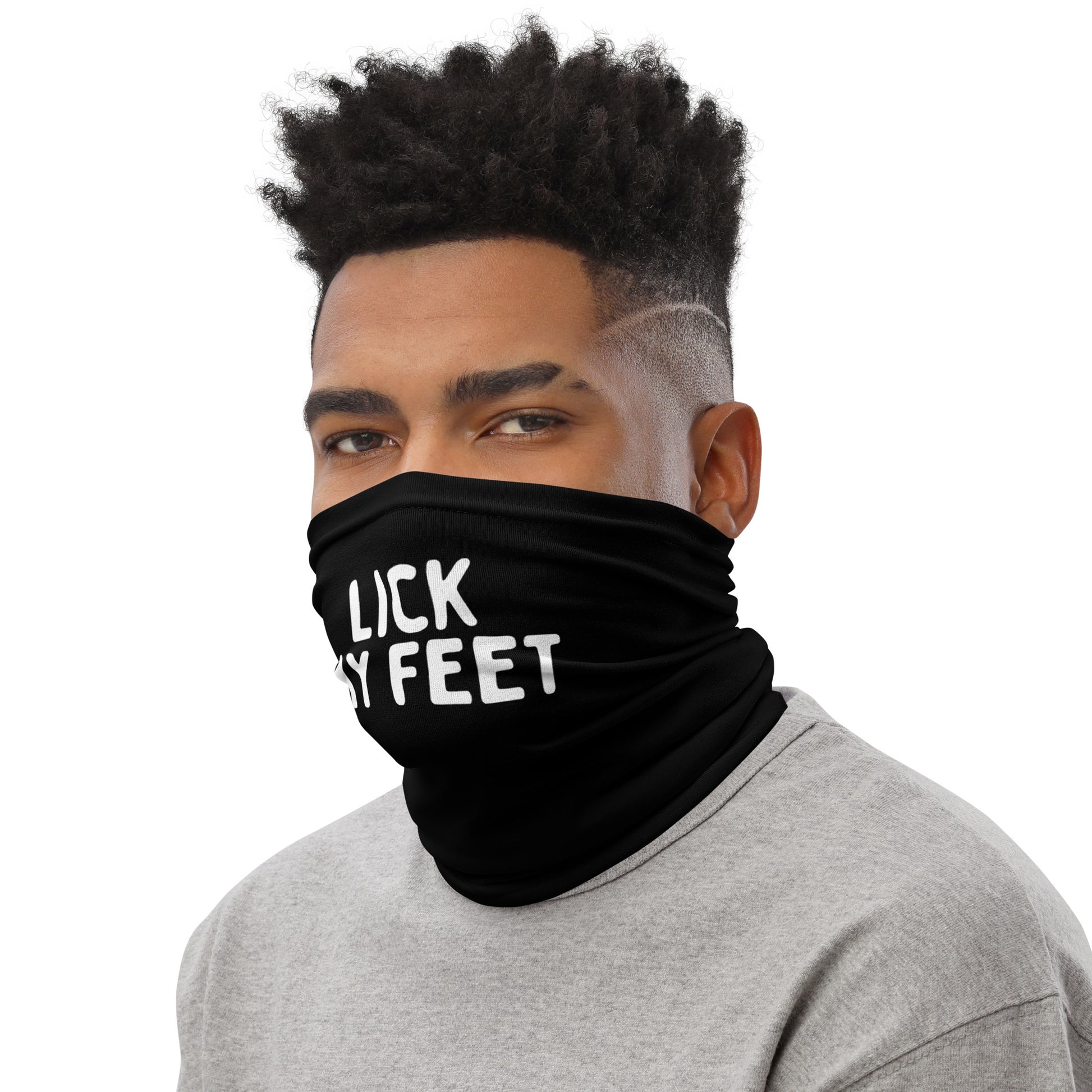 Gay fetish party accessory - face cover with "Lick my feet" text