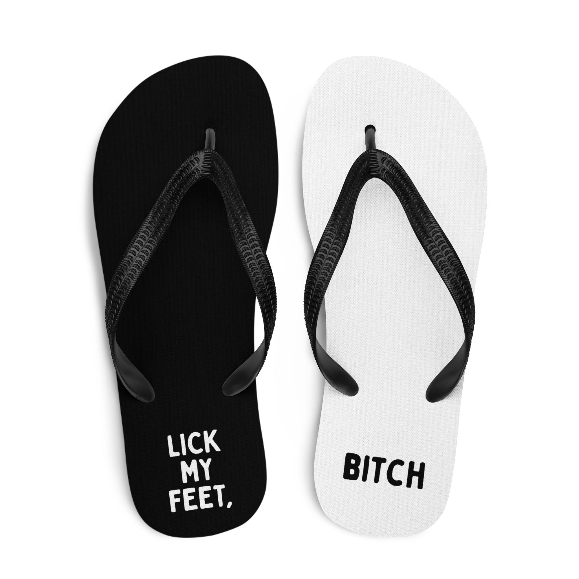 Gay black and white flip-flops saying Lick my feet"