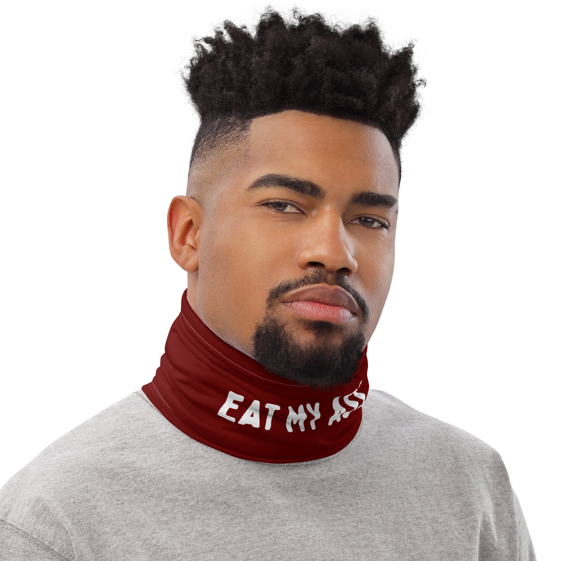 Man wearing a burgundy neck gaiter with text on a white background