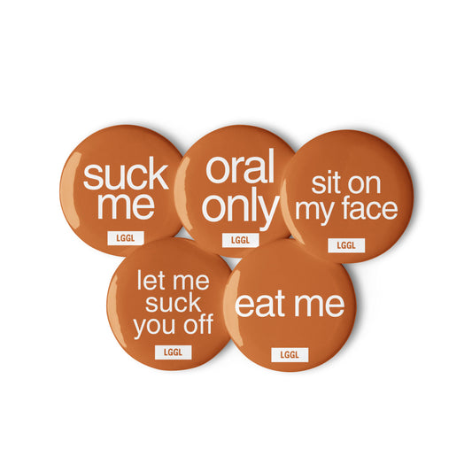 Round orange badges featuring text about oral pleasure