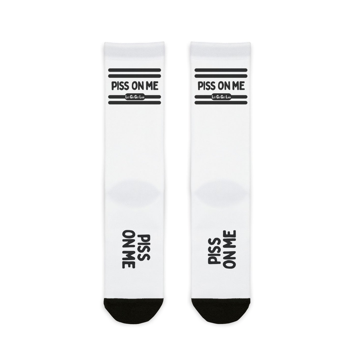 Piss Pig Socks with "PISS ON ME" text for Watersports Fetish Party