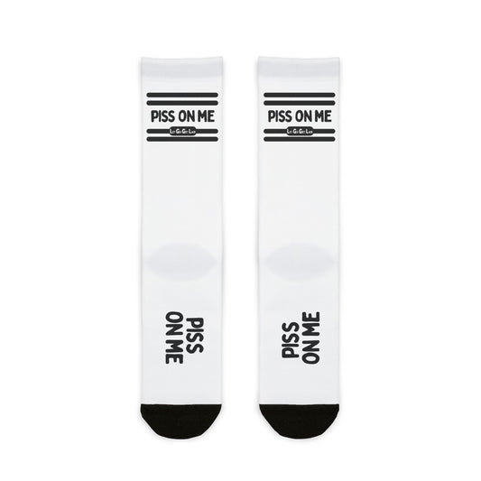 Piss Pig Socks with "PISS ON ME" text for Watersports Fetish Party
