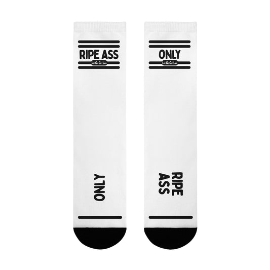 Gay kinky socks with "Ripe Ass Only" text