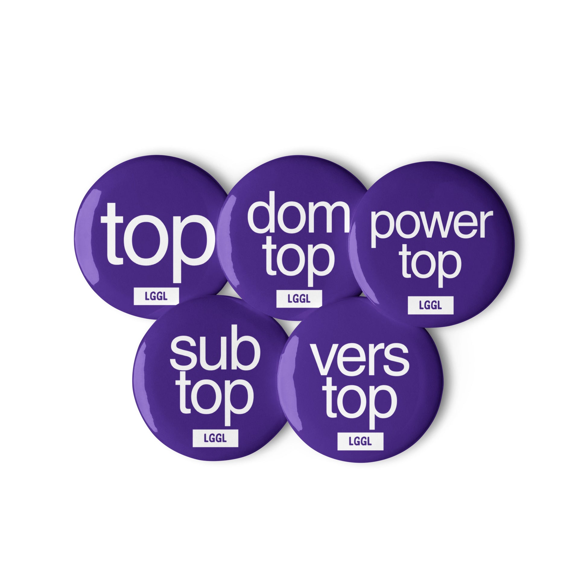 Front view of the gay top collection of pin badges