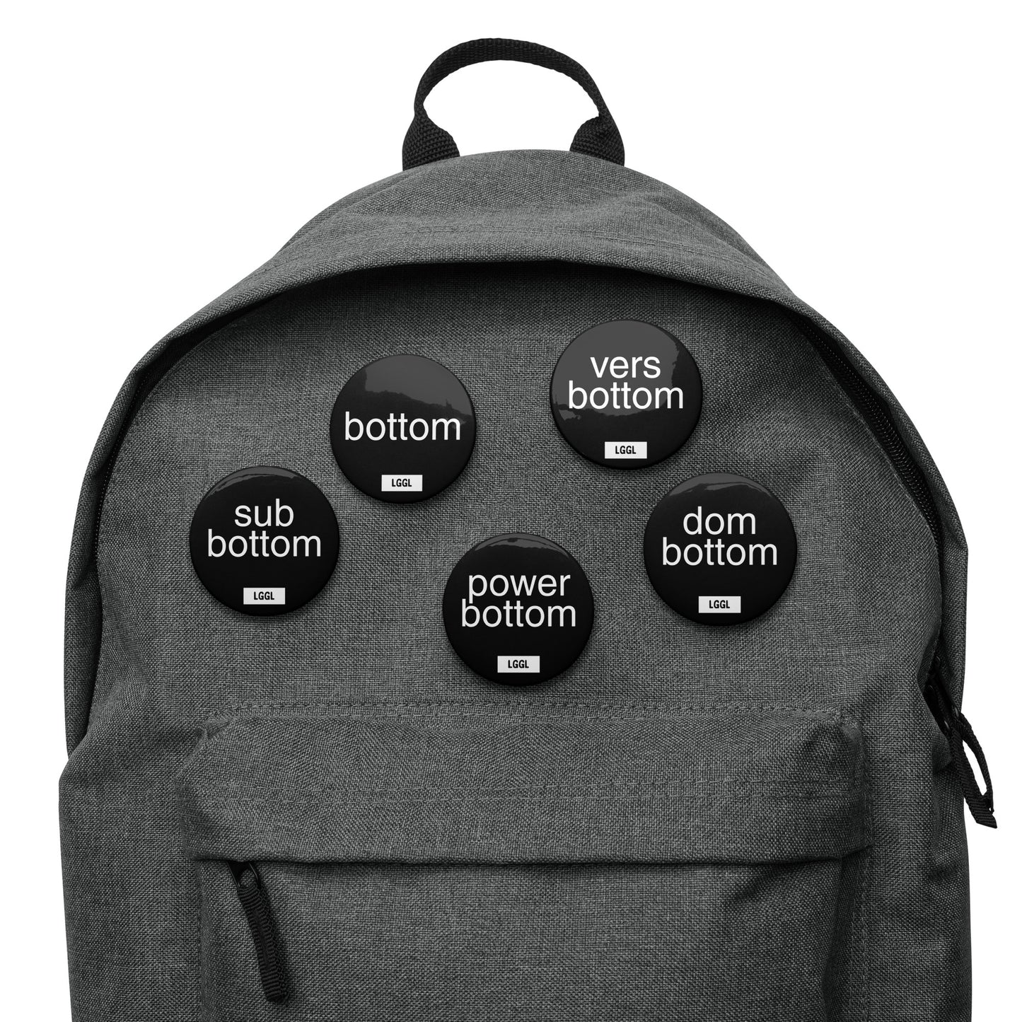 LGBTQ pride pinback buttons featuring different "bottom" texts