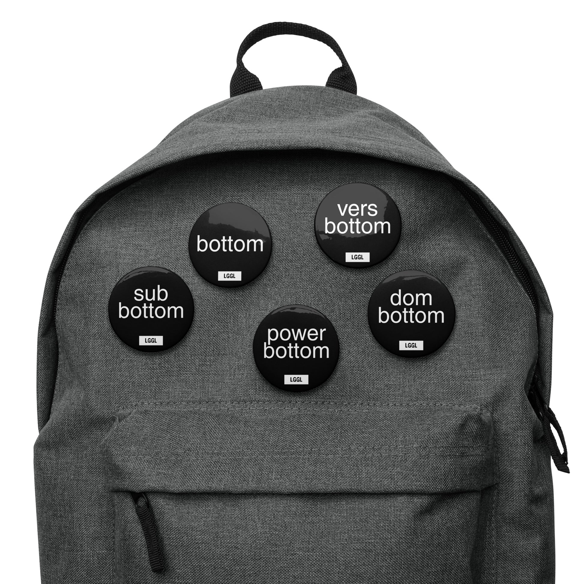 LGBTQ pride pinback buttons featuring different "bottom" texts