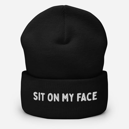 LetGoGetLaid beanie with "Sit on my face" textavailable at www.letgogetlaid.com