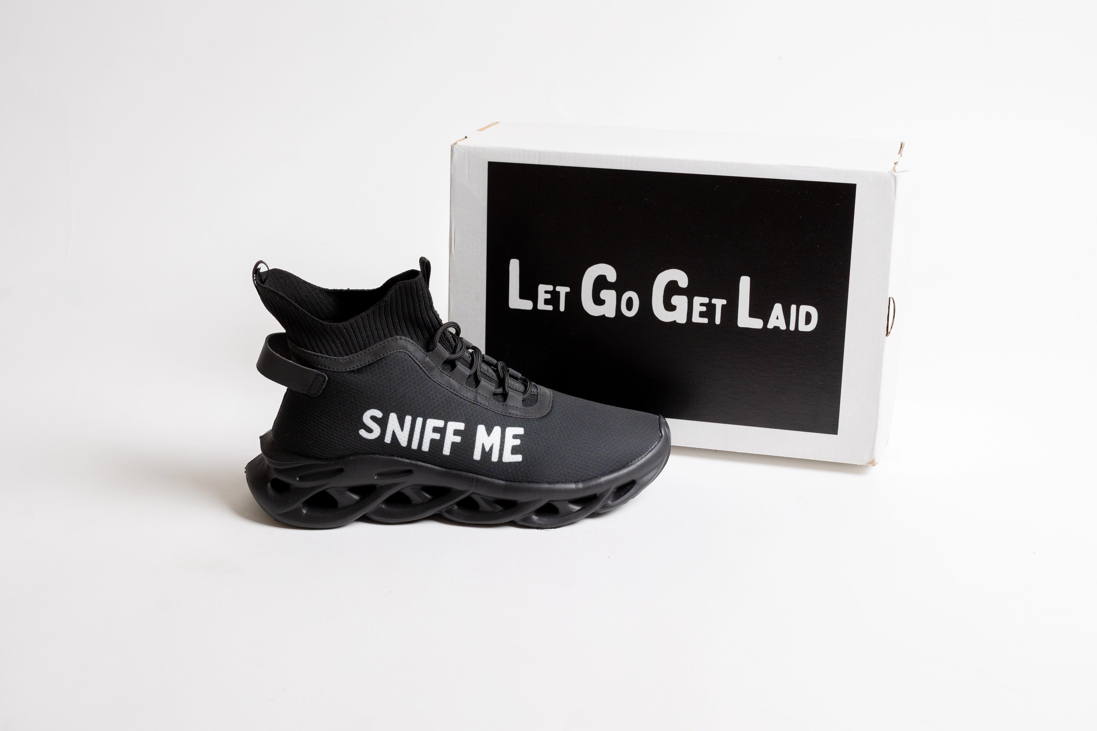 LetGoGetLaid: Gay Foot Worship Accessories: Black High-Top Shoes wirth "SNIFF ME" text.