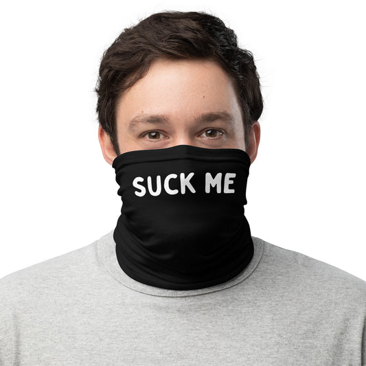 Gay man wearing a mask with "Suck Me" text