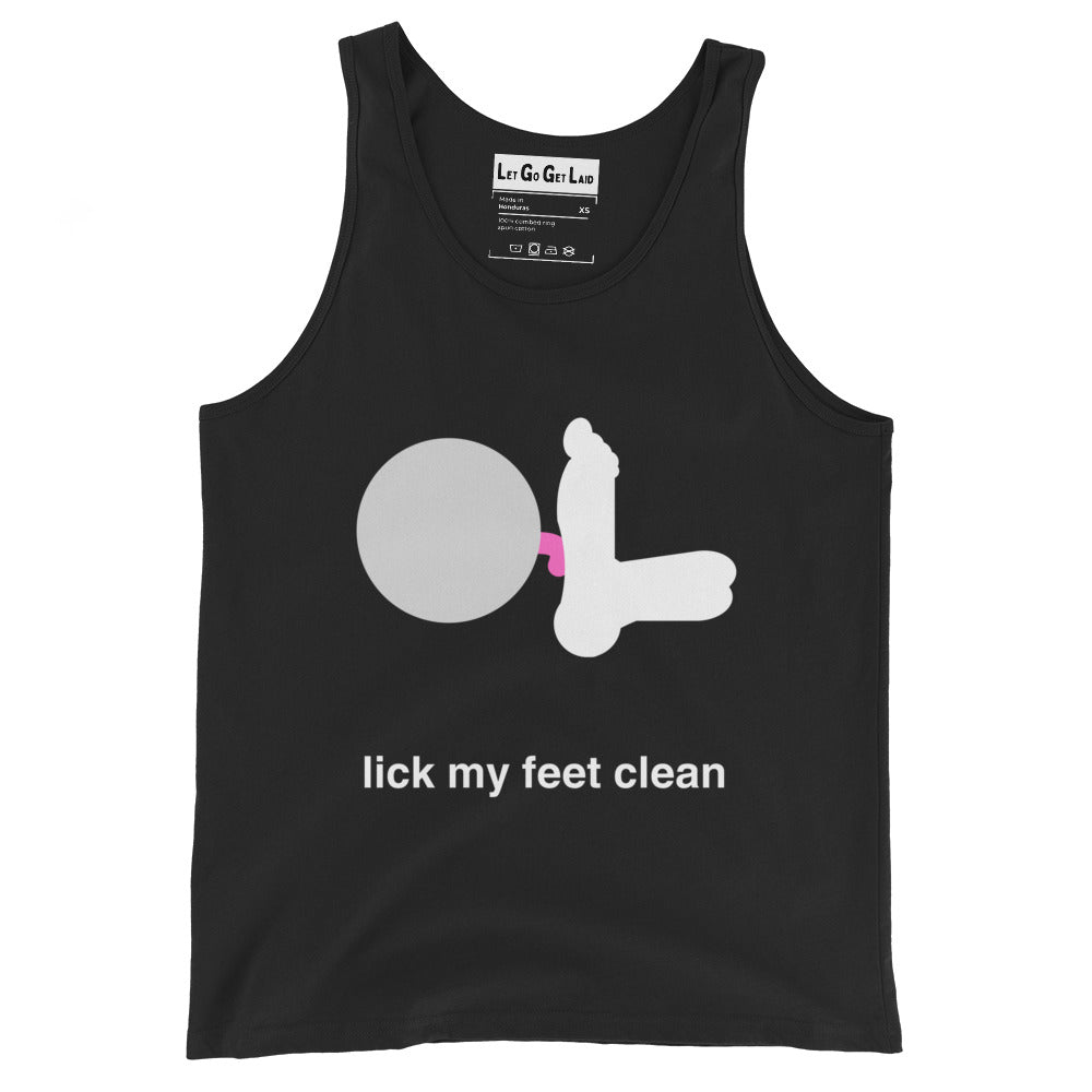 Tank top with "lick my feet clean" text