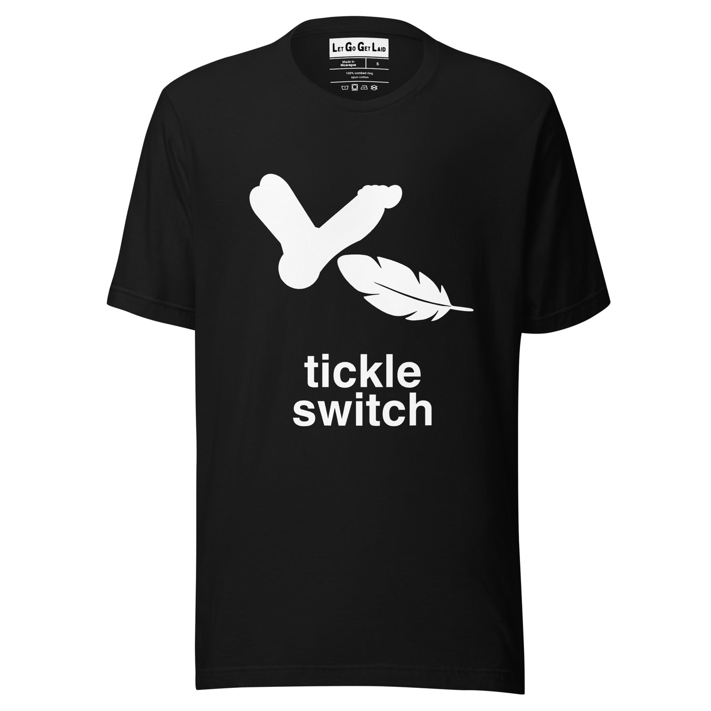 A black T-shirt with "Tickle Switch" text for gay tickling fetish 