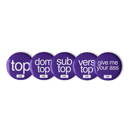 Overview of blue round pinback buttons from "Top" collection