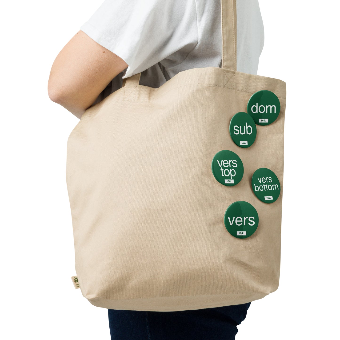 Gay vers kink pin badge collection on a tote bag - versatile fetish badges by LetGoGetLaid