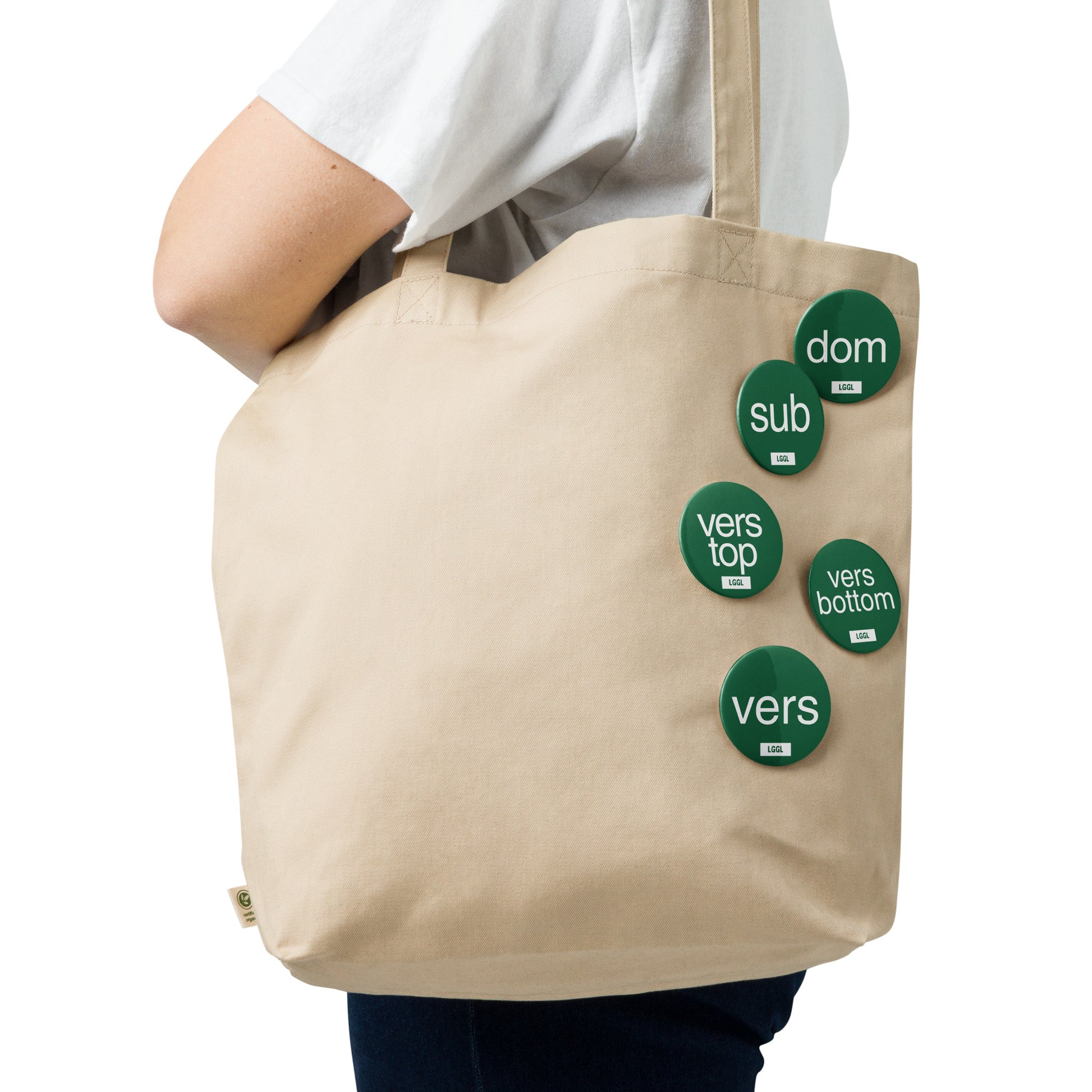 Gay vers kink pin badge collection on a tote bag - versatile fetish badges by LetGoGetLaid